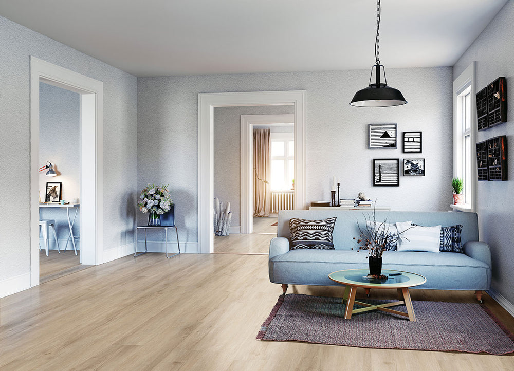 Modern room layout with Prescott XL Sandino 9X60 Low Gloss Luxury Vinyl Plank flooring.