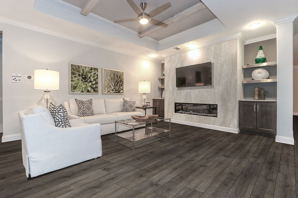 Room view featuring Prescott XL Walnut Waves 9X60 Low Gloss Luxury Vinyl Plank flooring.