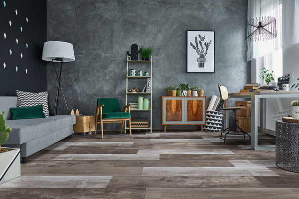 Prescott XL Weathered Brina 9X60 Low Gloss Luxury Vinyl Plank in a bright interior.
