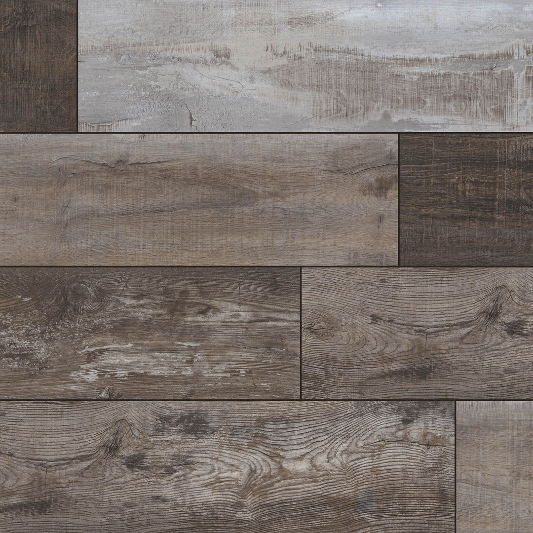 Overview of Prescott XL Weathered Brina 9x60 low gloss luxury vinyl plank – gray-brown tones with a softly aged, rustic look.