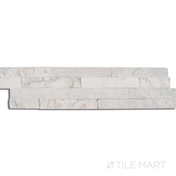 Angled shot of ROYAL WHITE SPLITFACE 6x24 PANEL  QUARTZITE PANEL with a SPLITFACE finish, demonstrating the material's surface and texture with a diagonal shot.