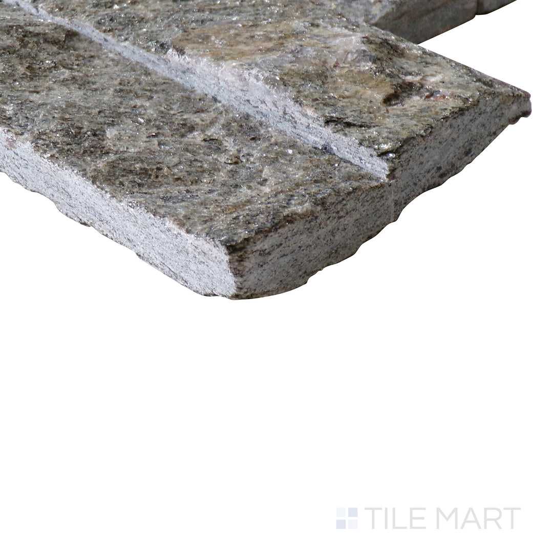 Corner shot of SAGE GREEN 6x24 PANEL  QUARTZITE PANEL with a SPLITFACE finish, showing the robust material and finely finished edge through a focused corner view.