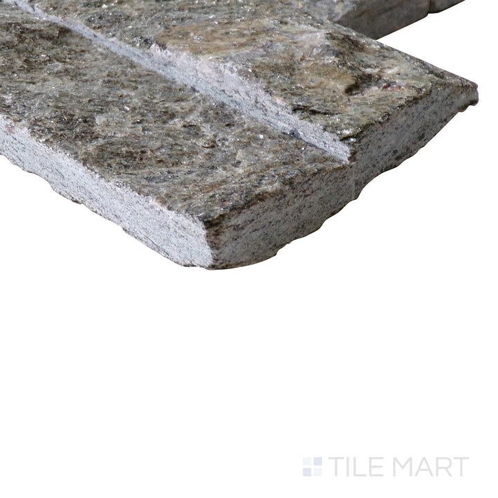 Corner shot of SAGE GREEN 6x24 PANEL  QUARTZITE PANEL with a SPLITFACE finish, showing the robust material and finely finished edge through a focused corner view.