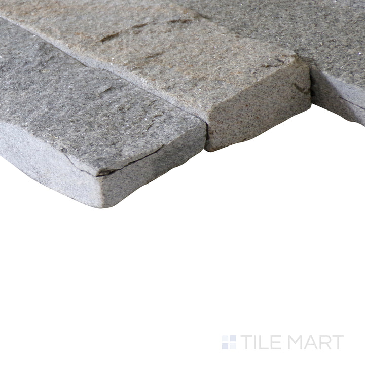 Corner shot of SEDONA GREY 6x24 PANEL  SANDSTONE PANEL with a SPLITFACE finish, emphasizing the layered construction and the product's distinct edge design.