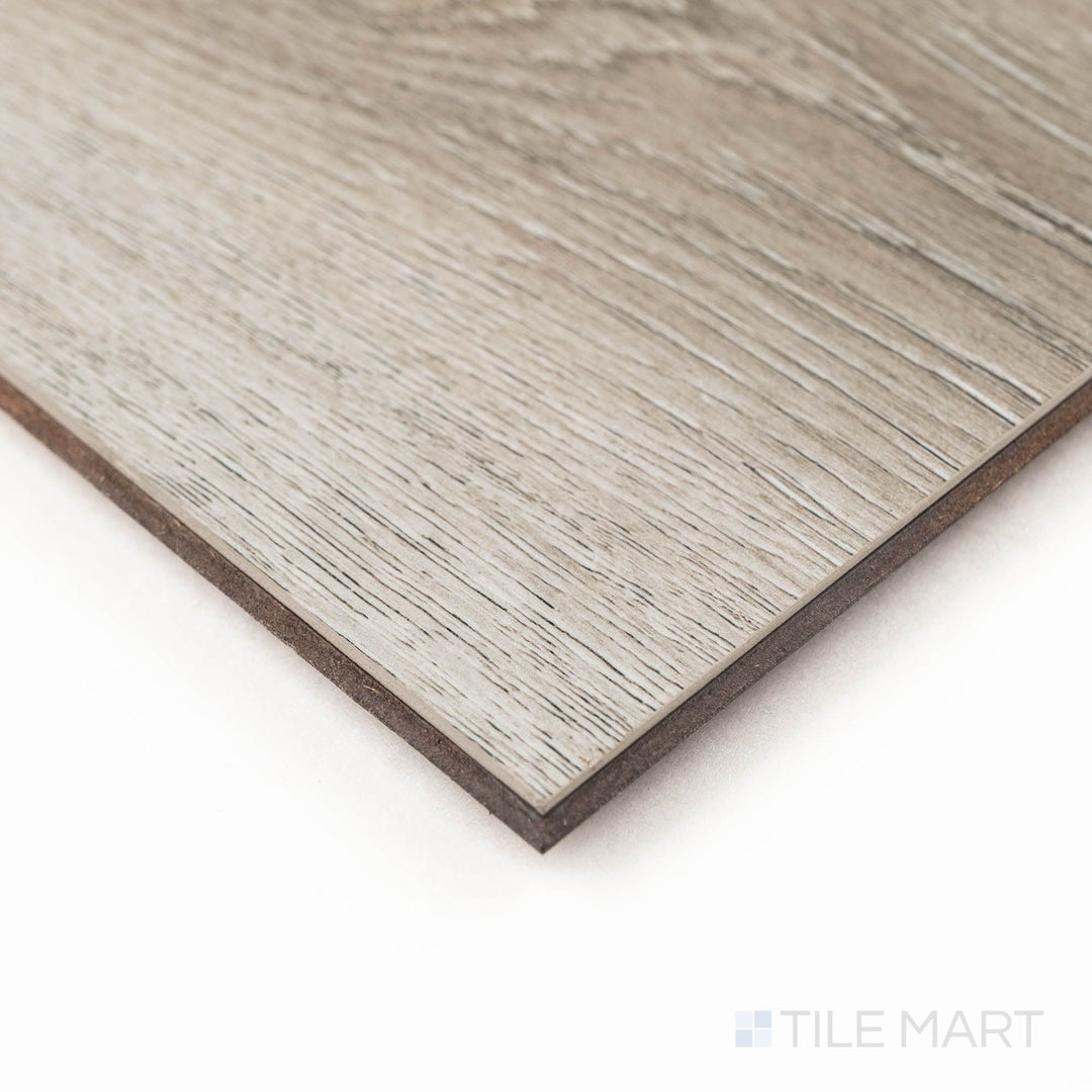 Corner detail of Smithcliffs Avery Ash 7X48 Low Gloss Vinyl showing natural wood grain and seamless joint alignment.