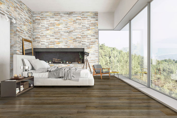 Transitional room styled with Smithcliffs Delray 7x48 low gloss vinyl flooring, combining warm neutral tones and authentic wood grain for a welcoming, timeless look.