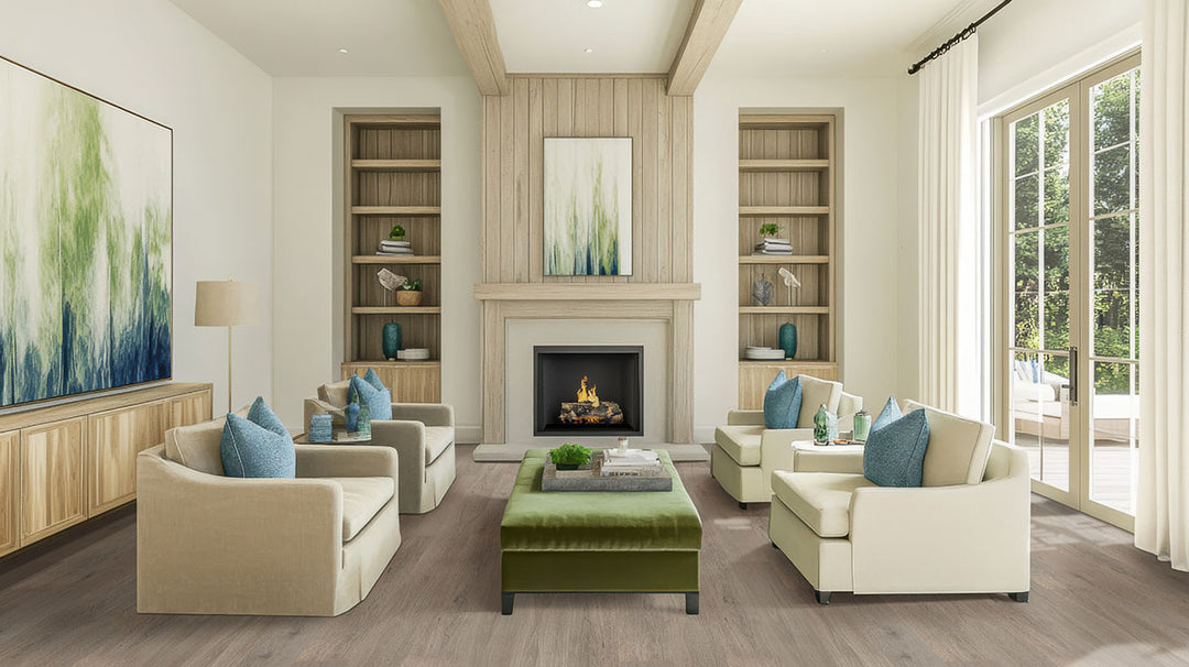 Sophisticated room scene with Smithcliffs Driftway 7x48 low gloss vinyl planks, showcasing driftwood-inspired textures and cool, muted hues for a coastal-modern feel.