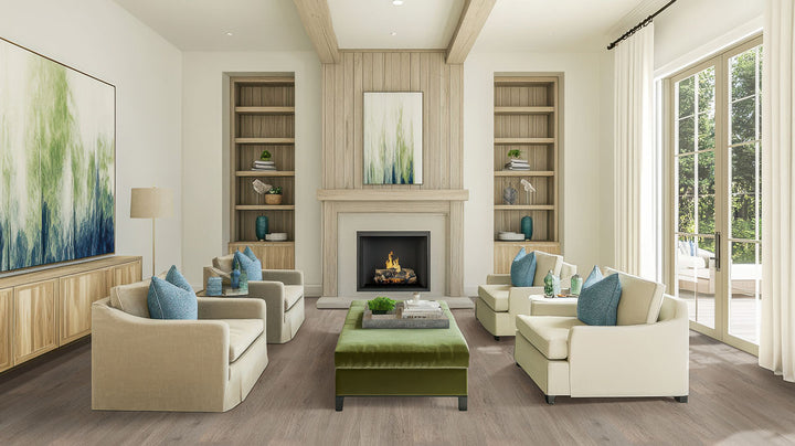 Sophisticated room scene with Smithcliffs Driftway 7x48 low gloss vinyl planks, showcasing driftwood-inspired textures and cool, muted hues for a coastal-modern feel.