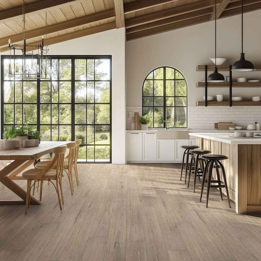 Smithcliffs Driftway 7x48 vinyl planks featuring natural driftwood-inspired texture and a blend of muted earth tones for a grounded aesthetic.
