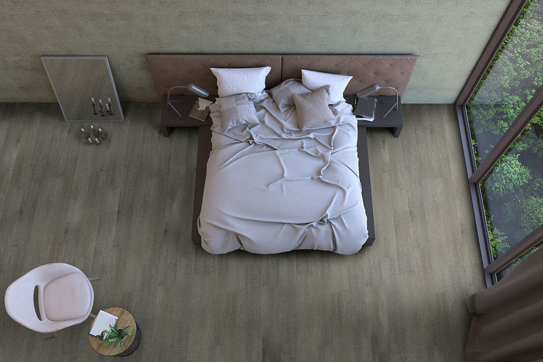 Contemporary interior featuring Smithcliffs Emridge 7x48 low gloss vinyl plank flooring, with clean grain patterns and light beige tones for a bright, airy aesthetic.