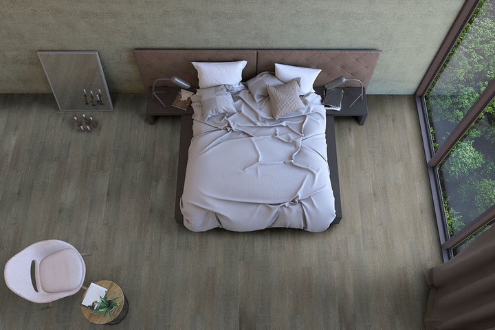 Contemporary interior featuring Smithcliffs Emridge 7x48 low gloss vinyl plank flooring, with clean grain patterns and light beige tones for a bright, airy aesthetic.