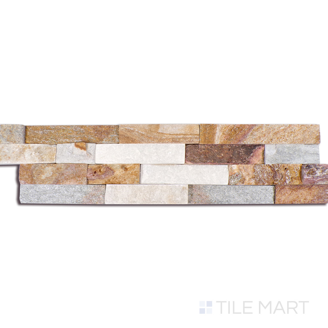 Angled shot of SPARKLING AUTUMN 6x24 PANEL  QUARTZITE PANEL with a SPLITFACE finish, displaying the fine craftsmanship and layered design from a different angle.