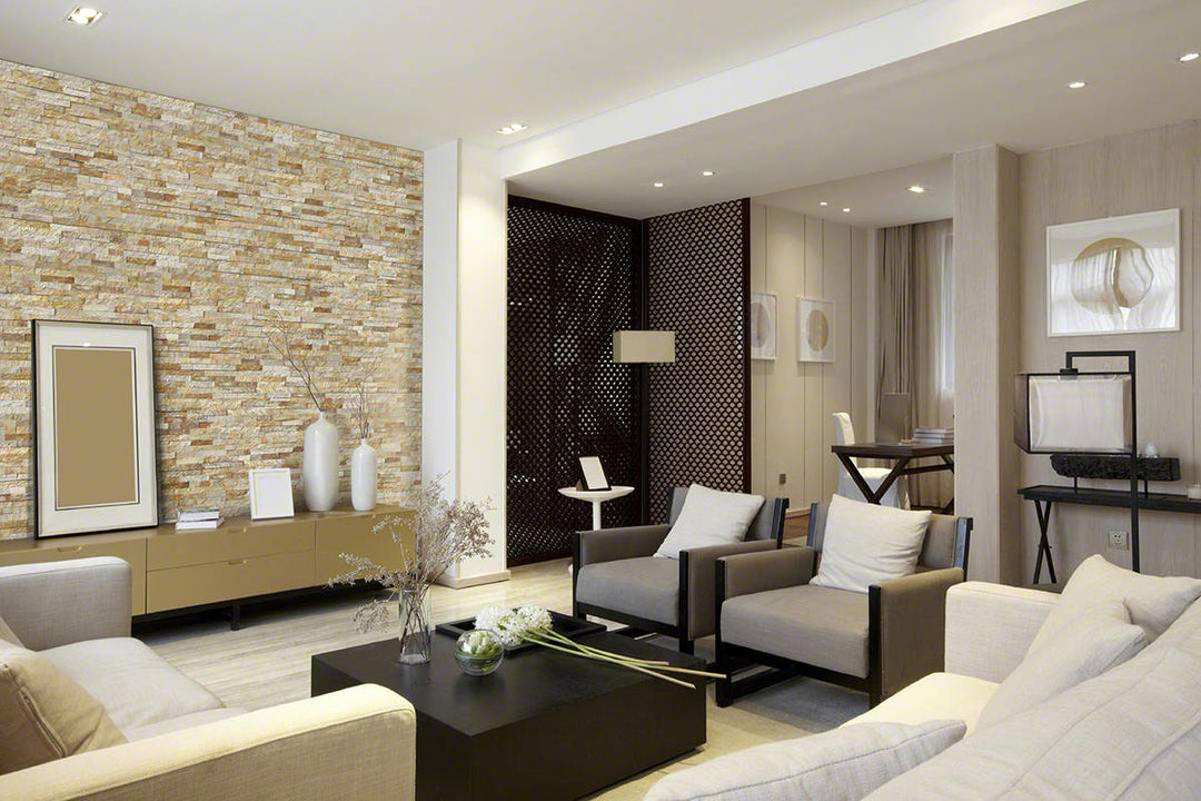 Showcasing the versatile design of SPARKLING AUTUMN 6x24 PANEL  QUARTZITE PANEL with a SPLITFACE finish, enhancing the minimalist design with its sleek appearance.