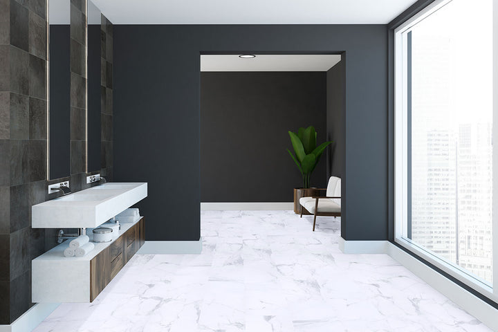 Elegant space with Trecento Calacatta Legend 12X24 flooring, showcasing crisp marble aesthetics.