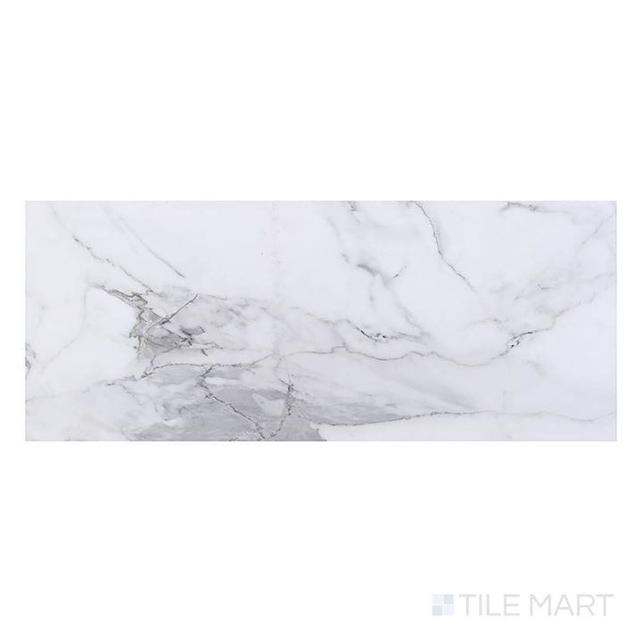 Top-down view of Trecento Calacatta Legend 12x24 low gloss vinyl plank shows bold white marble visuals with dramatic gray veining.