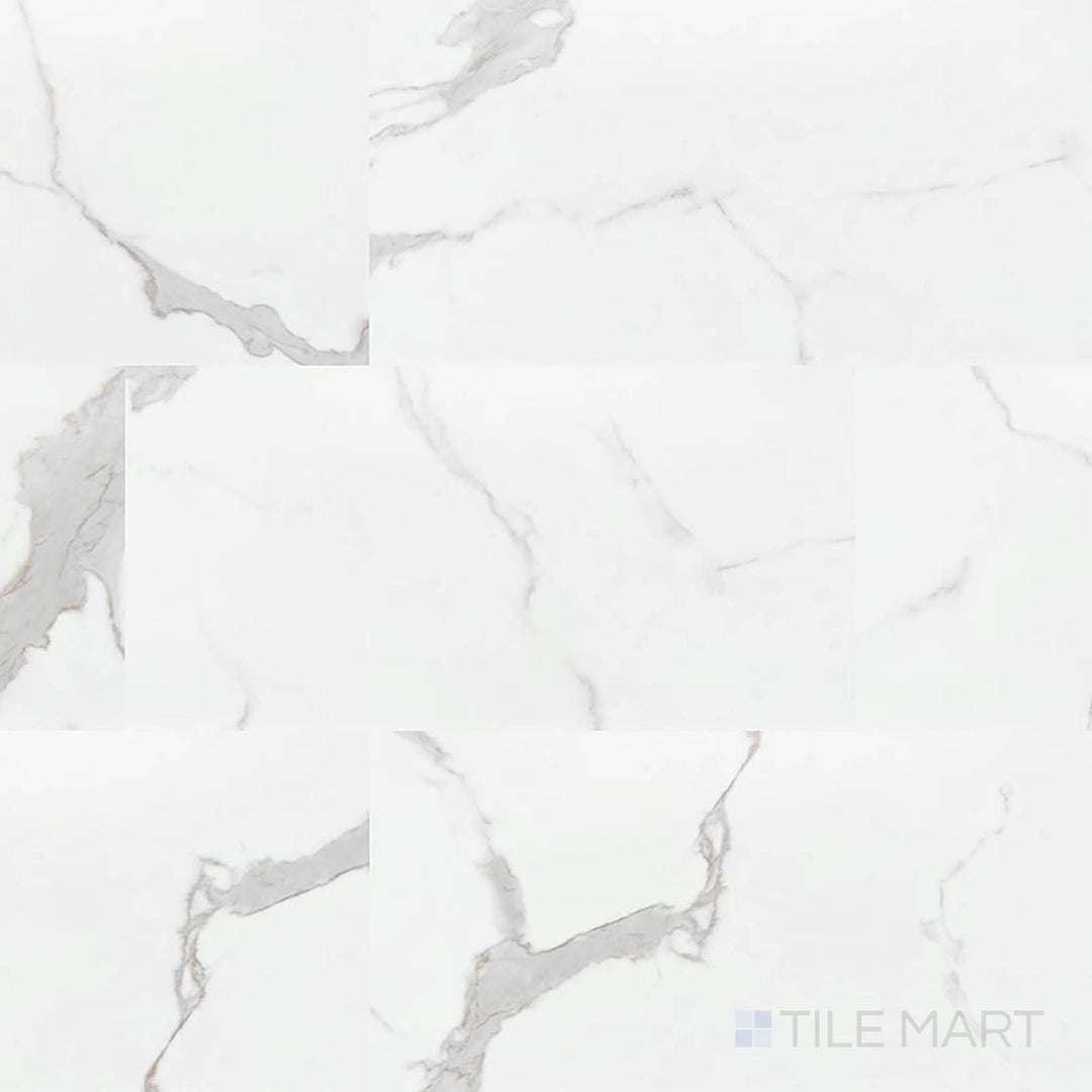 Full view of Trecento Calacatta Marbello 12x24 low gloss luxury vinyl plank – soft white marble design with subtle gray veining.