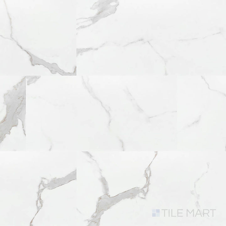 Full view of Trecento Calacatta Marbello 12x24 low gloss luxury vinyl plank – soft white marble design with subtle gray veining.