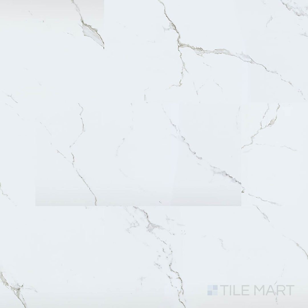 Trecento Calacatta Serra 12x24 low gloss luxury vinyl plank overview – sophisticated white marble appearance with delicate veins.