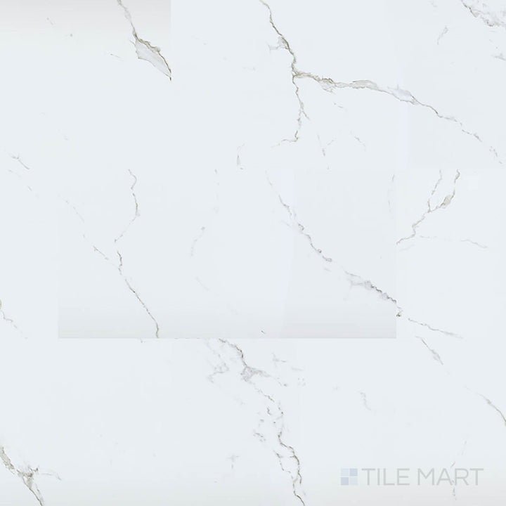 Trecento Calacatta Serra 12x24 low gloss luxury vinyl plank overview – sophisticated white marble appearance with delicate veins.
