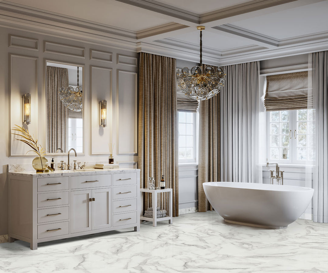 Elegant room showcasing Trecento Calacatta Venosa Gold 12X24 Low Gloss Luxury Vinyl Plank.