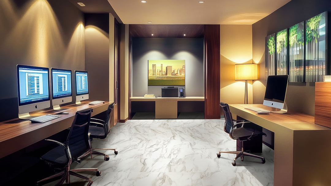 Upscale design enhanced by Trecento Calacatta Venosa Gold 12X24 flooring with warm veining.