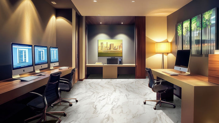 Upscale design enhanced by Trecento Calacatta Venosa Gold 12X24 flooring with warm veining.