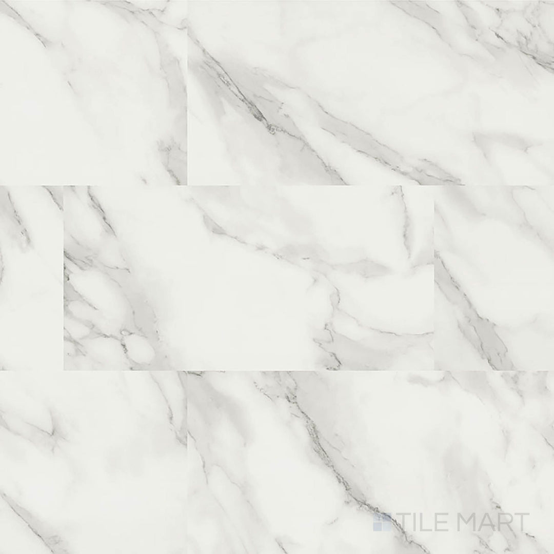 Overview of Trecento Calacatta Venosa Gold 12x24 low gloss luxury vinyl plank – luxurious marble look with warm golden veining.