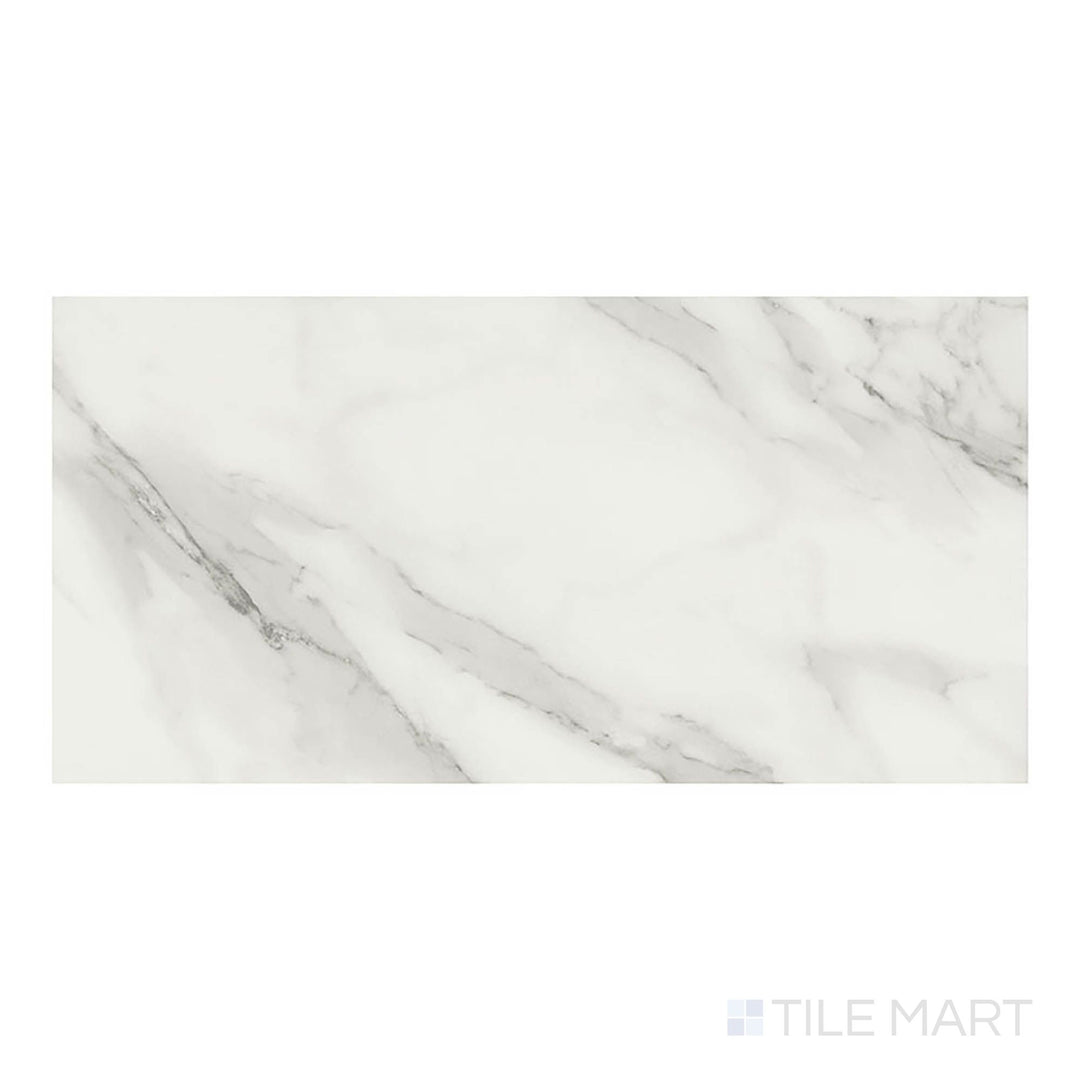 Trecento Calacatta Venosa Gold 12x24 low gloss vinyl plank, viewed from the top, reveals warm golden veining on a crisp white base.