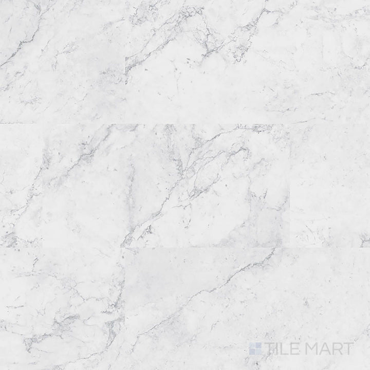Full view of Trecento Carrara Avell 12x24 low gloss luxury vinyl plank – classic Carrara marble design with cool gray accents.