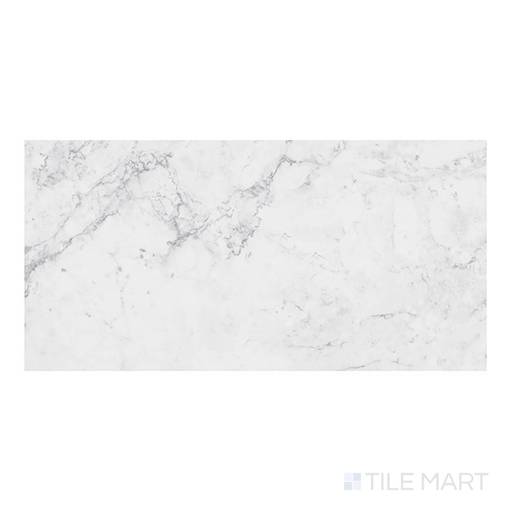 From a bird’s-eye perspective, Trecento Carrara Avell 12x24 low gloss vinyl plank highlights classic Carrara styling with soft gray accents.