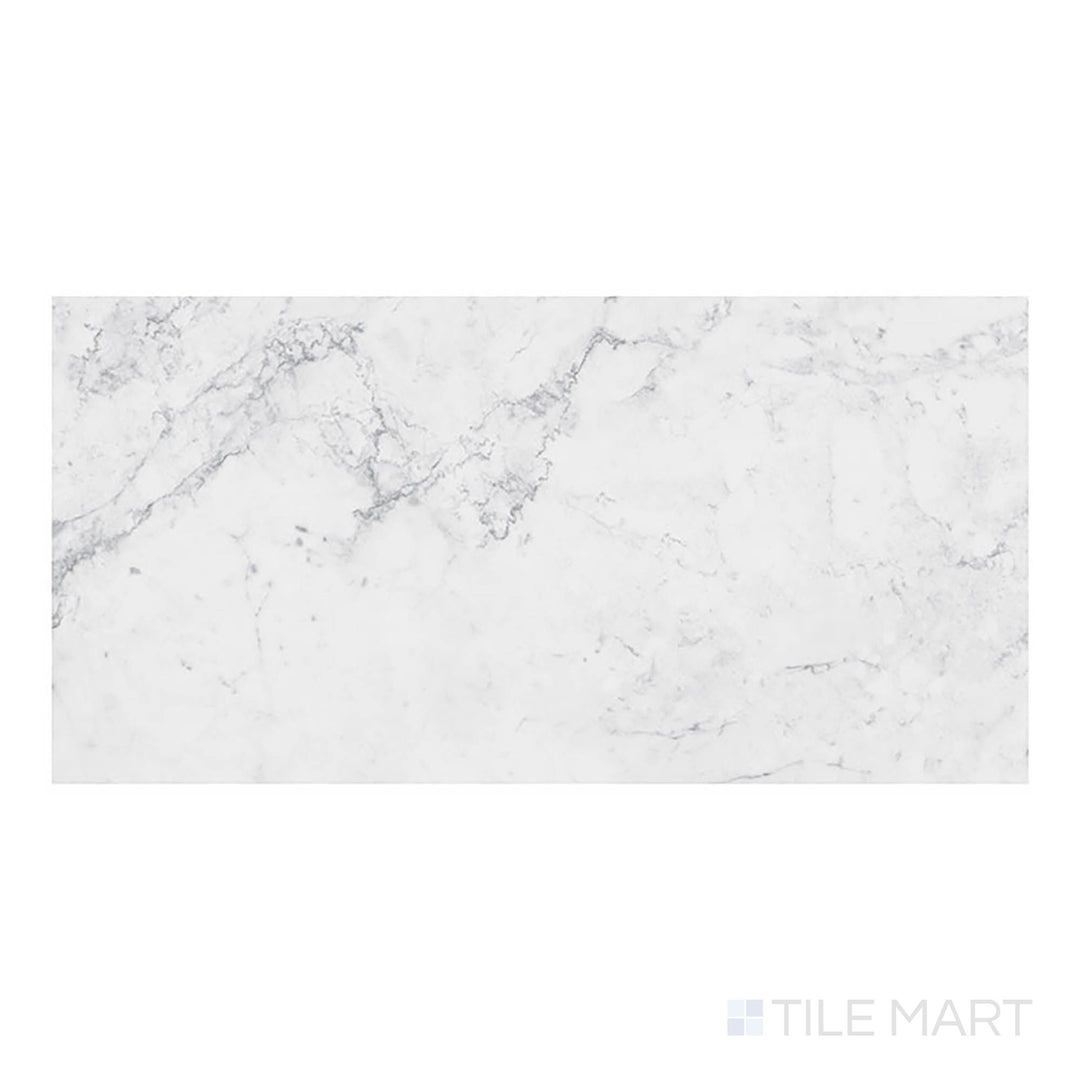 From a bird’s-eye perspective, Trecento Carrara Avell 12x24 low gloss vinyl plank highlights classic Carrara styling with soft gray accents.