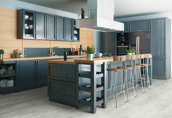 Contemporary bath setting with Trecento Mountains Gray 12x24 vinyl tiles, offering a sophisticated stone-look in stormy gray for a spa-like retreat.