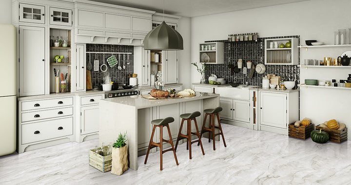 Stylized setting with Trecento Quarzo Taj 12x24 vinyl flooring, mimicking natural quartz stone in soft ivory tones and subtle patterning for a luxurious spa-like feel.