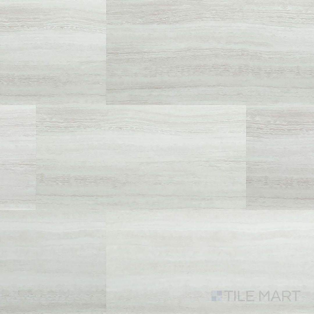 Full view of Trecento White Ocean 12x24 low gloss luxury vinyl plank – bright white stone appearance with smooth, clean finish.