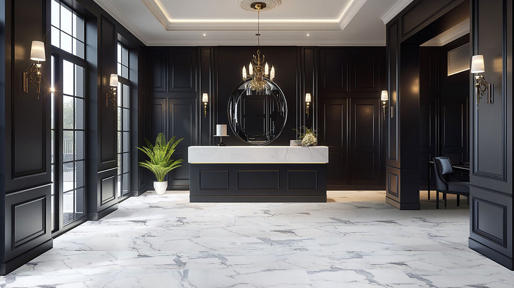 Spacious interior with Trecento XL Calacatta Legend 18X36 Low Gloss Luxury Vinyl Plank flooring.