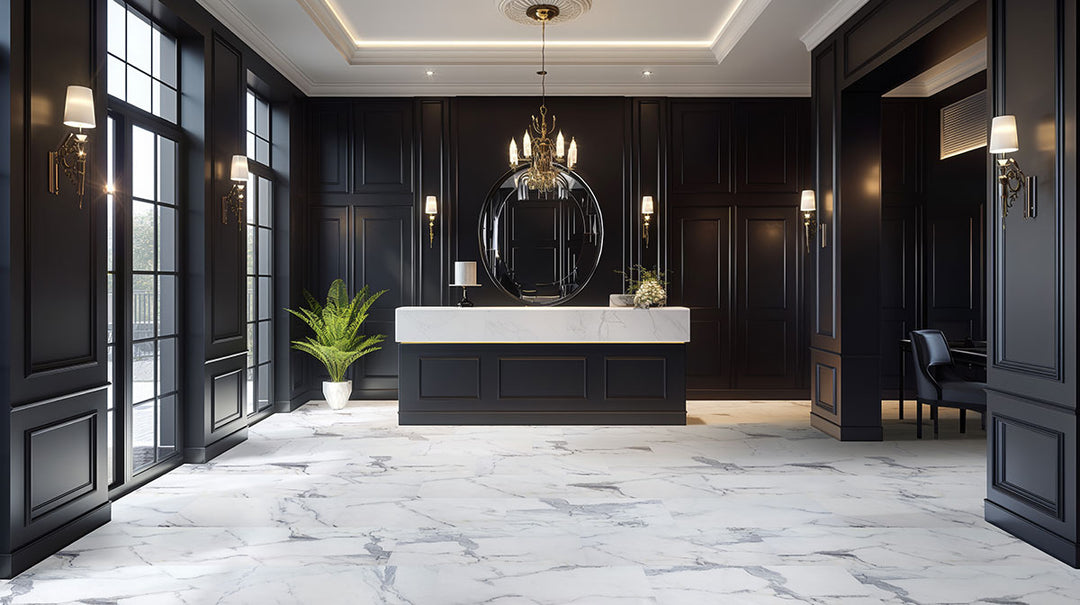 Spacious interior with Trecento XL Calacatta Legend 18X36 Low Gloss Luxury Vinyl Plank flooring.