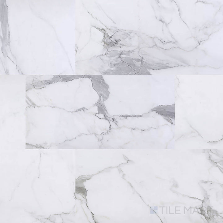 Overview of Trecento XL Calacatta Legend 18x36 low gloss luxury vinyl plank – extra-large marble-look plank with bold white and gray veining.