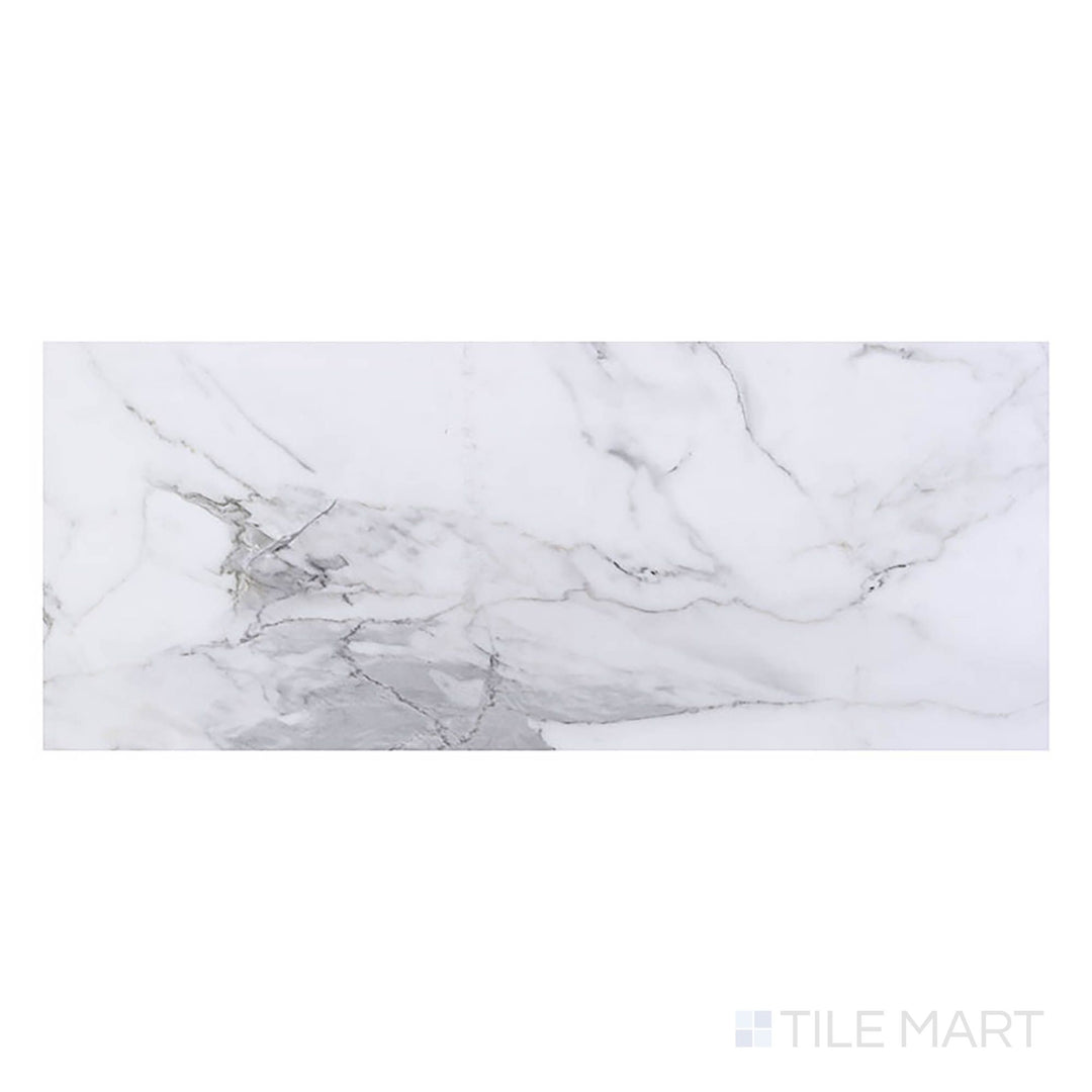 Top-down view of Trecento XL Calacatta Legend 18x36 low gloss vinyl plank reveals large-format white marble design with bold gray veining.