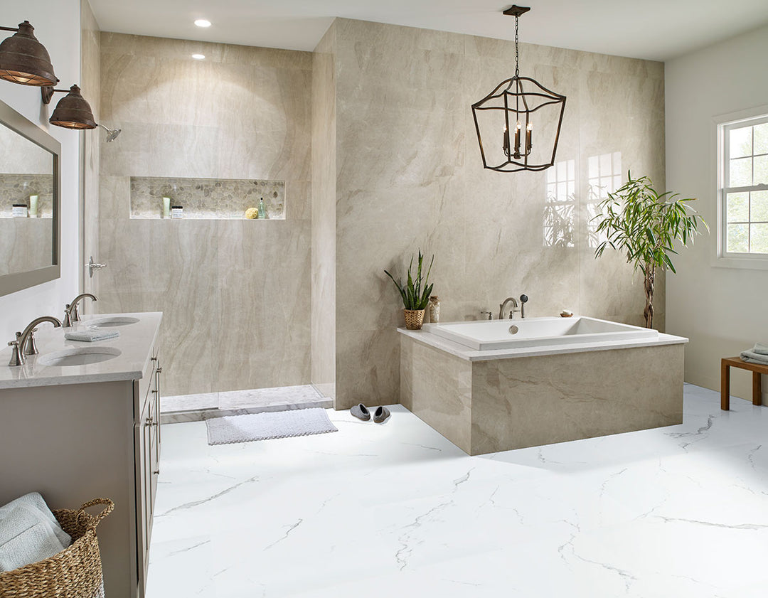 Open room layout with Trecento XL Calacatta Serra 18X36 Low Gloss Luxury Vinyl Plank.