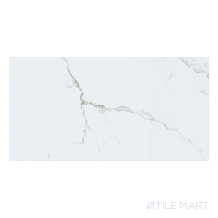 Trecento XL Calacatta Serra 18x36 low gloss vinyl plank shown in a top-down perspective highlights refined white marble visuals with subtle gray veining.
