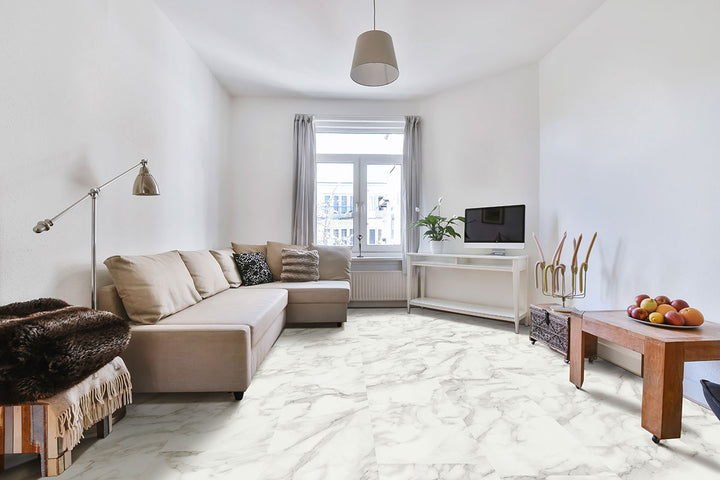 Elegant setting showcasing Trecento XL Calacatta Venosa Gold 18X36 Low Gloss Luxury Vinyl Plank.