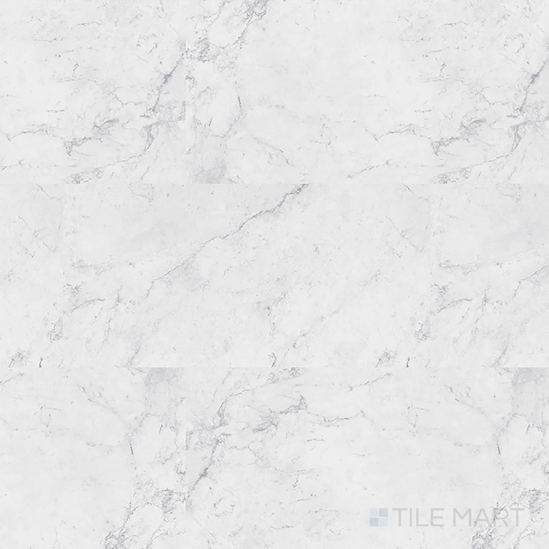 Full view of Trecento XL Carrara Avell 18x36 low gloss luxury vinyl plank – oversized Carrara-style plank with cool gray veining.
