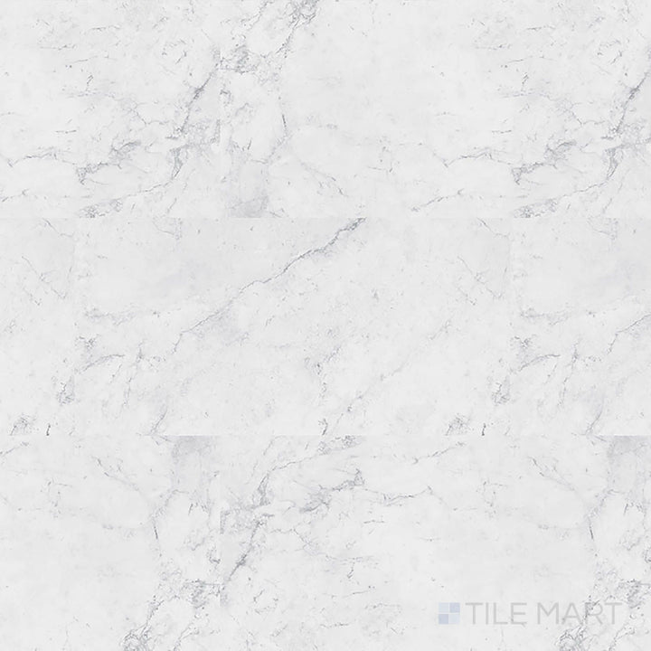 Full view of Trecento XL Carrara Avell 18x36 low gloss luxury vinyl plank – oversized Carrara-style plank with cool gray veining.