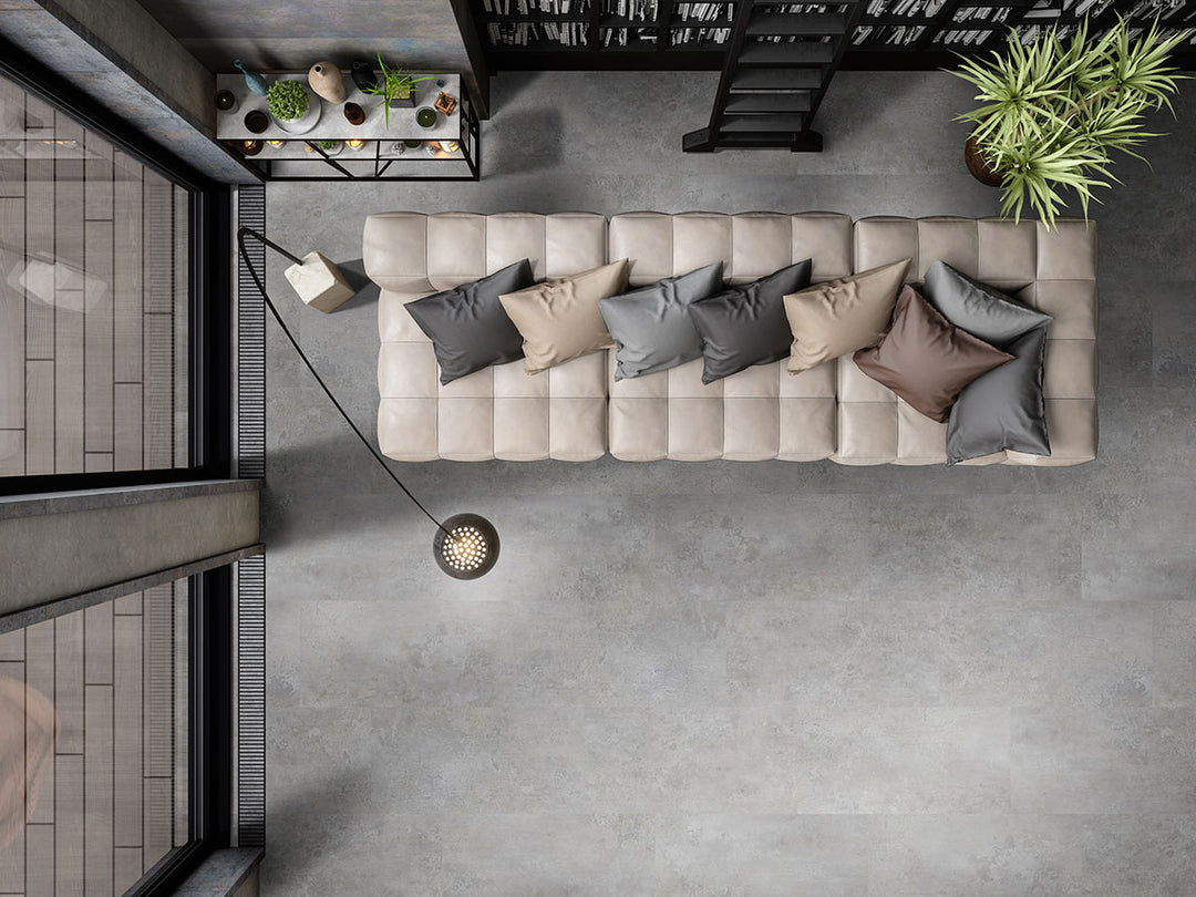Contemporary interior featuring Trecento XL Mountains Gray 18X36 flooring with sleek slate influence.