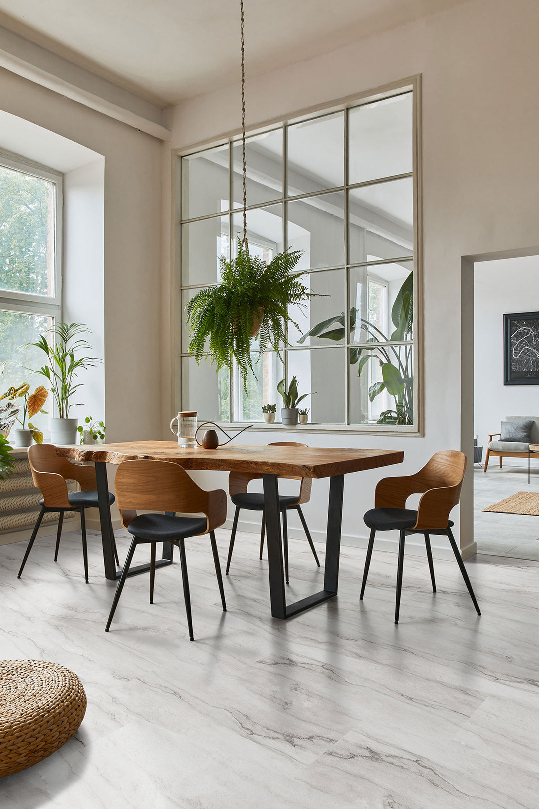 Contemporary room with Trecento XL Quarzo Taj 18X36 Low Gloss Luxury Vinyl Plank.