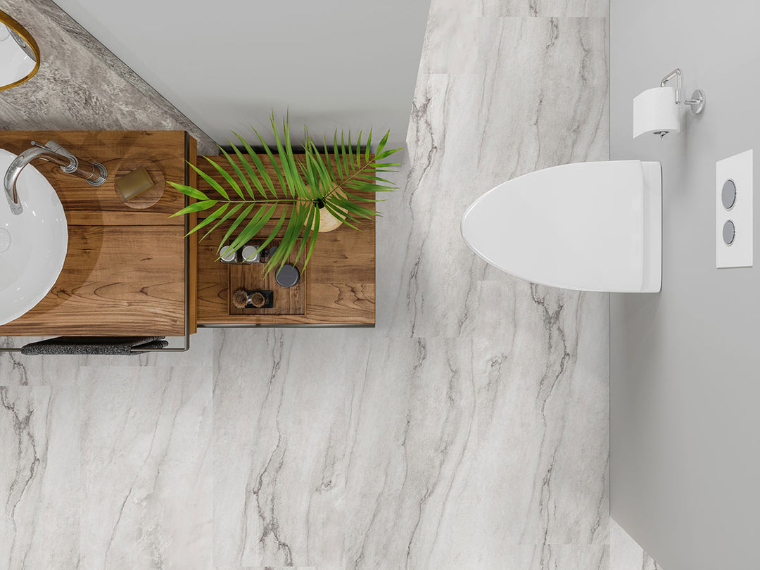 Expansive room with Trecento XL Quarzo Taj 18x36 vinyl planks, offering oversized quartz-look tiles in elegant beige hues for a grand, open feel with minimal seams.