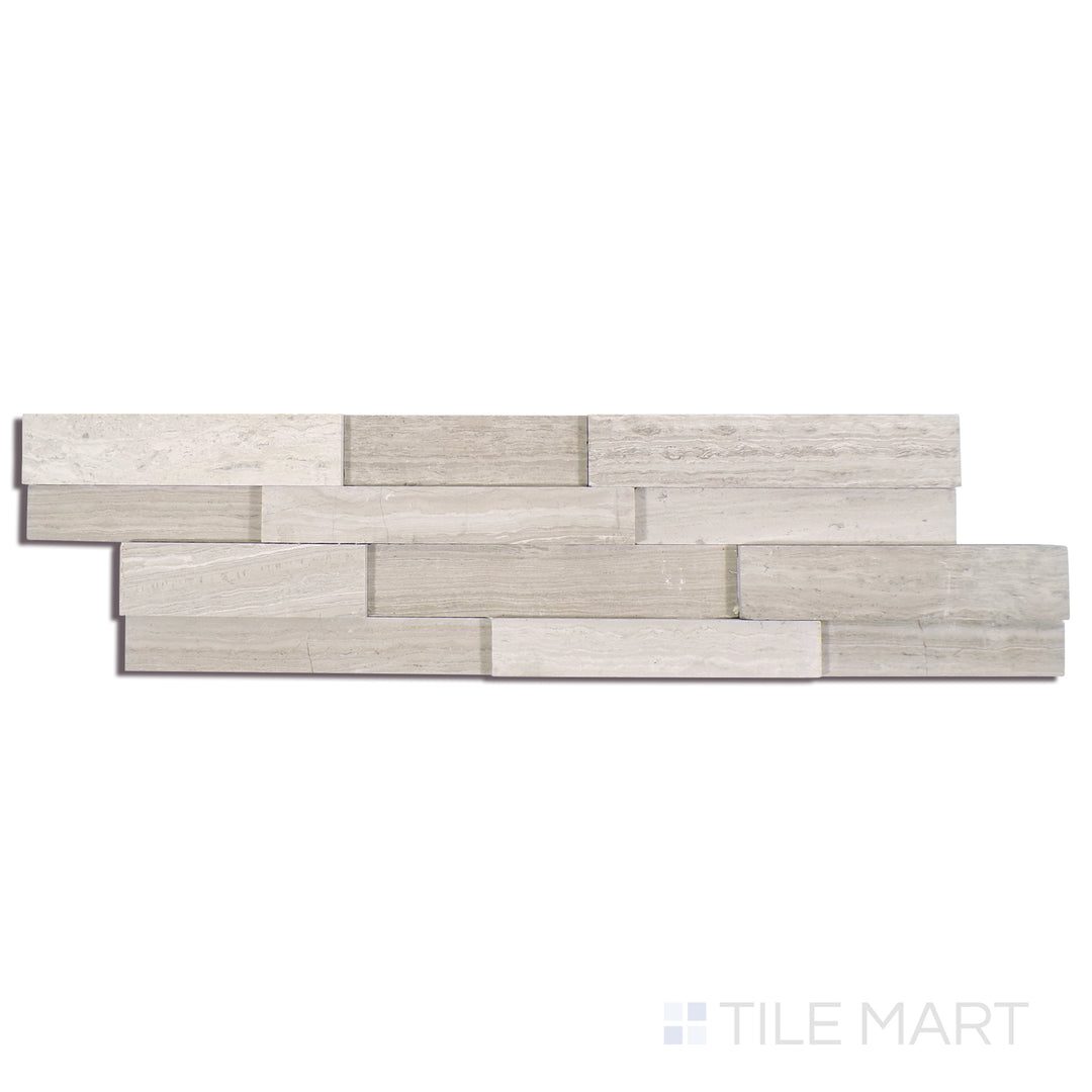 Angled shot of WHITE OAK 3D MINI PANEL MARBLE PANEL with a HONED finish, revealing the depth of the product with a skewed visual perspective.