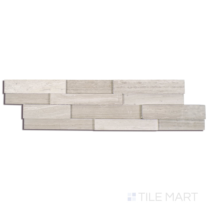 Angled shot of WHITE OAK 3D MINI PANEL MARBLE PANEL with a HONED finish, revealing the depth of the product with a skewed visual perspective.