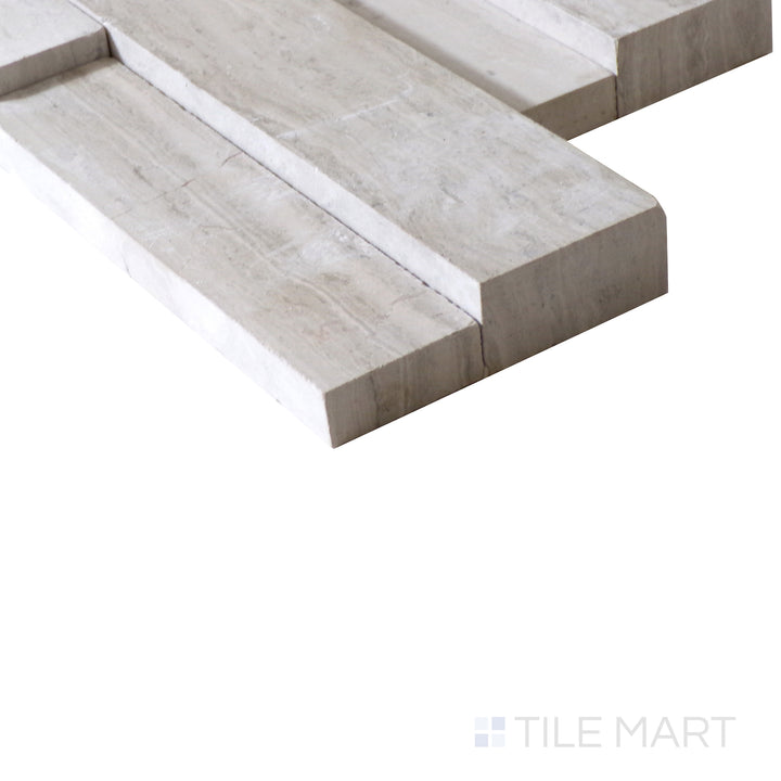 Corner shot of WHITE OAK 3D MINI PANEL MARBLE PANEL with a HONED finish, highlighting the precision of the product's edge and the substantial thickness.