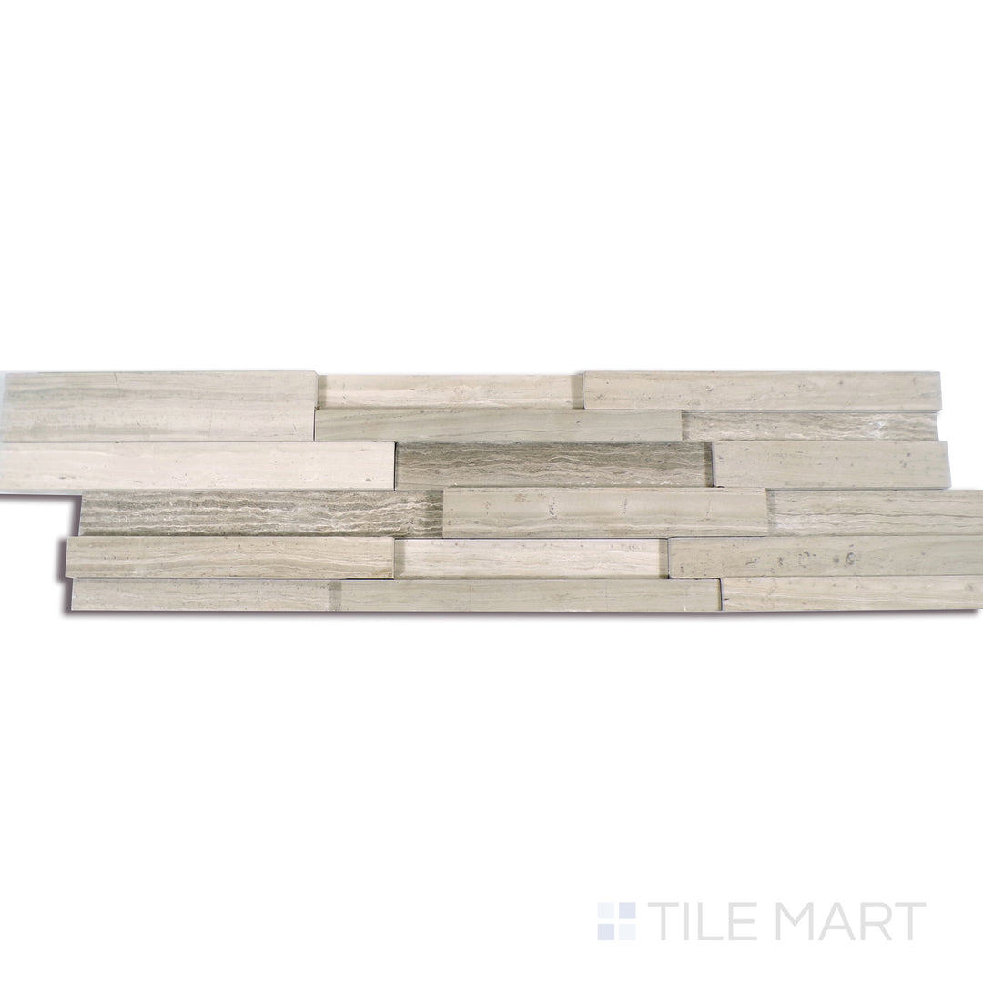 Angled shot of WHITE OAK 3D HONED 6x24 PANEL  MARBLE PANEL with a HONED finish, displaying the fine craftsmanship and layered design from a different angle.